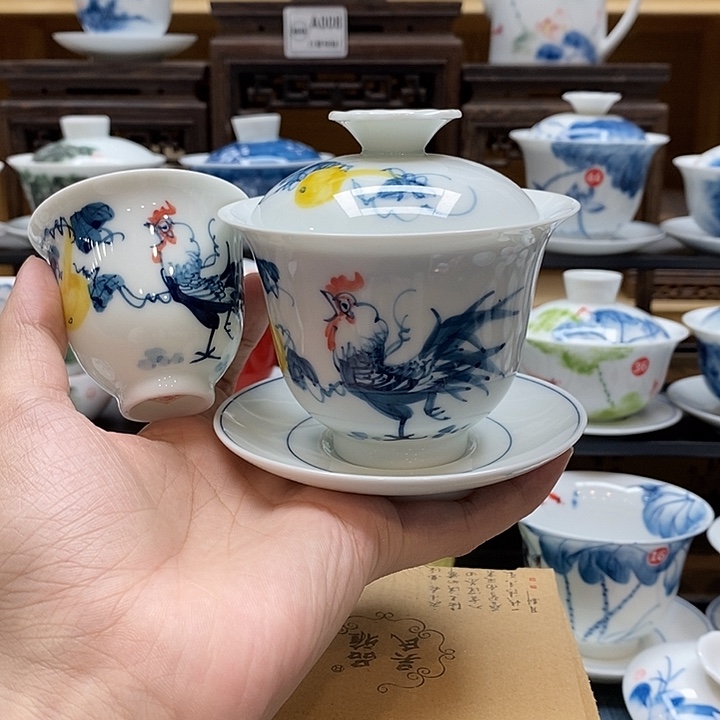 手绘葫芦公鸡盖碗160cc➕主人杯75cc釉下彩微瑕福利款