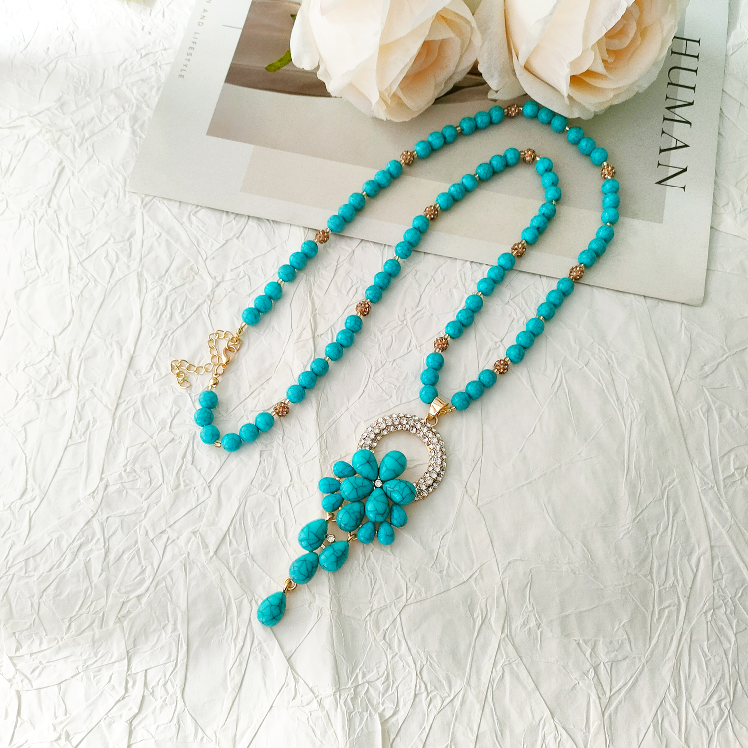 非金属仿水晶项链 蓝色小裙子百搭复古时尚毛衣链M083长款