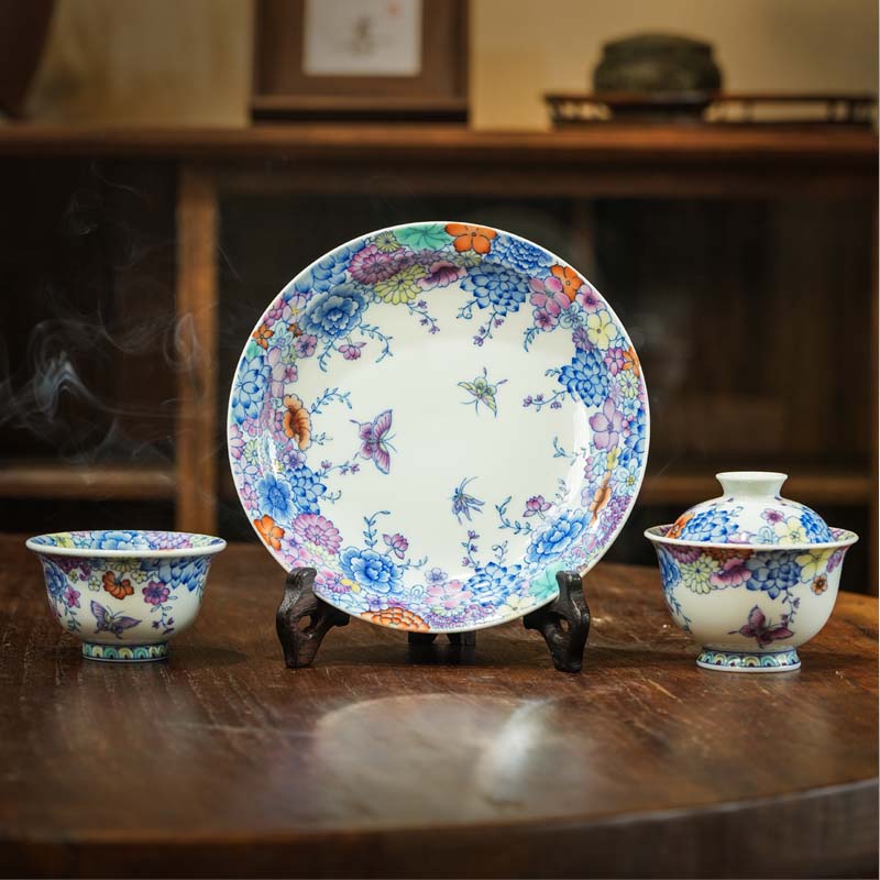 斗彩蝶恋花套组，主人杯壶承中式釉下彩茶具
