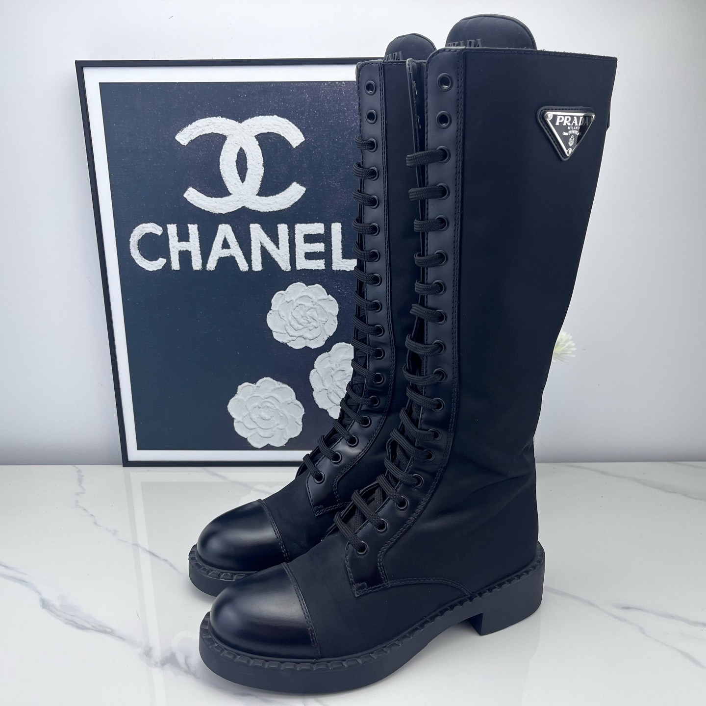 99新 Prada/普拉达 prada普拉达 三角标长筒靴 36码/jm02228