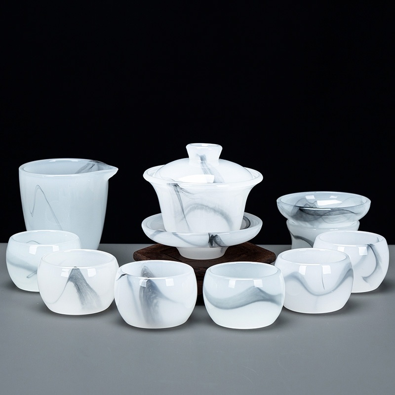 茶具套装水墨琉璃冰种玉瓷简约创意家用办公室盖碗茶杯带过滤整套