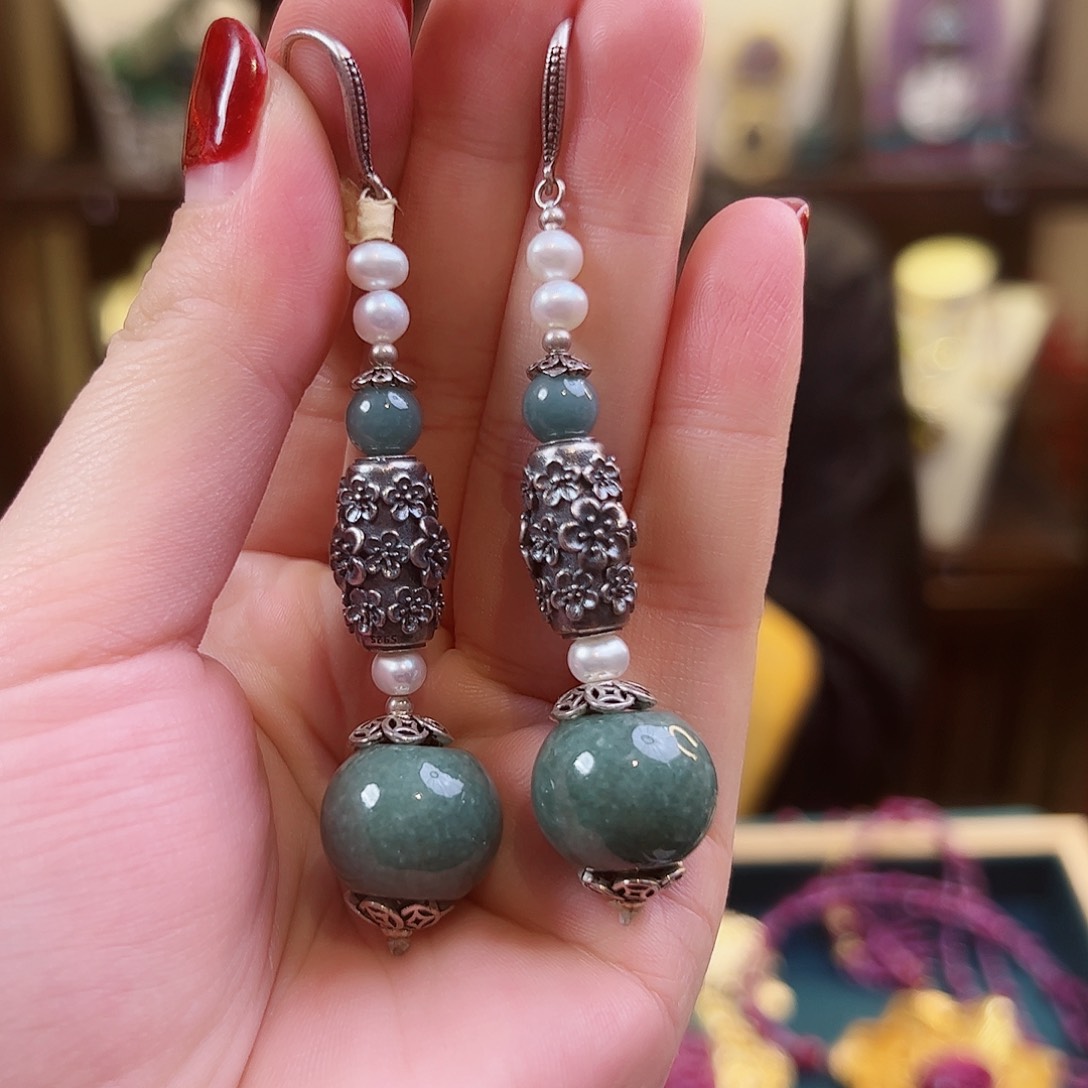 翡翠耳饰银S925镶嵌耳环