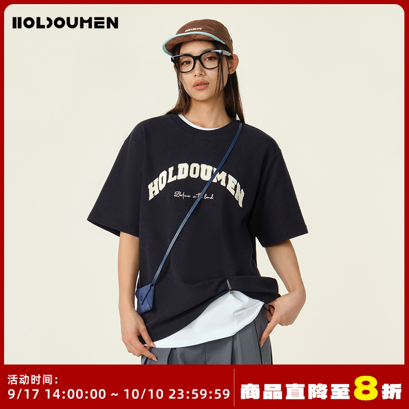 Holdoumen25夏季日常系列毛巾布字母贴布绣T恤