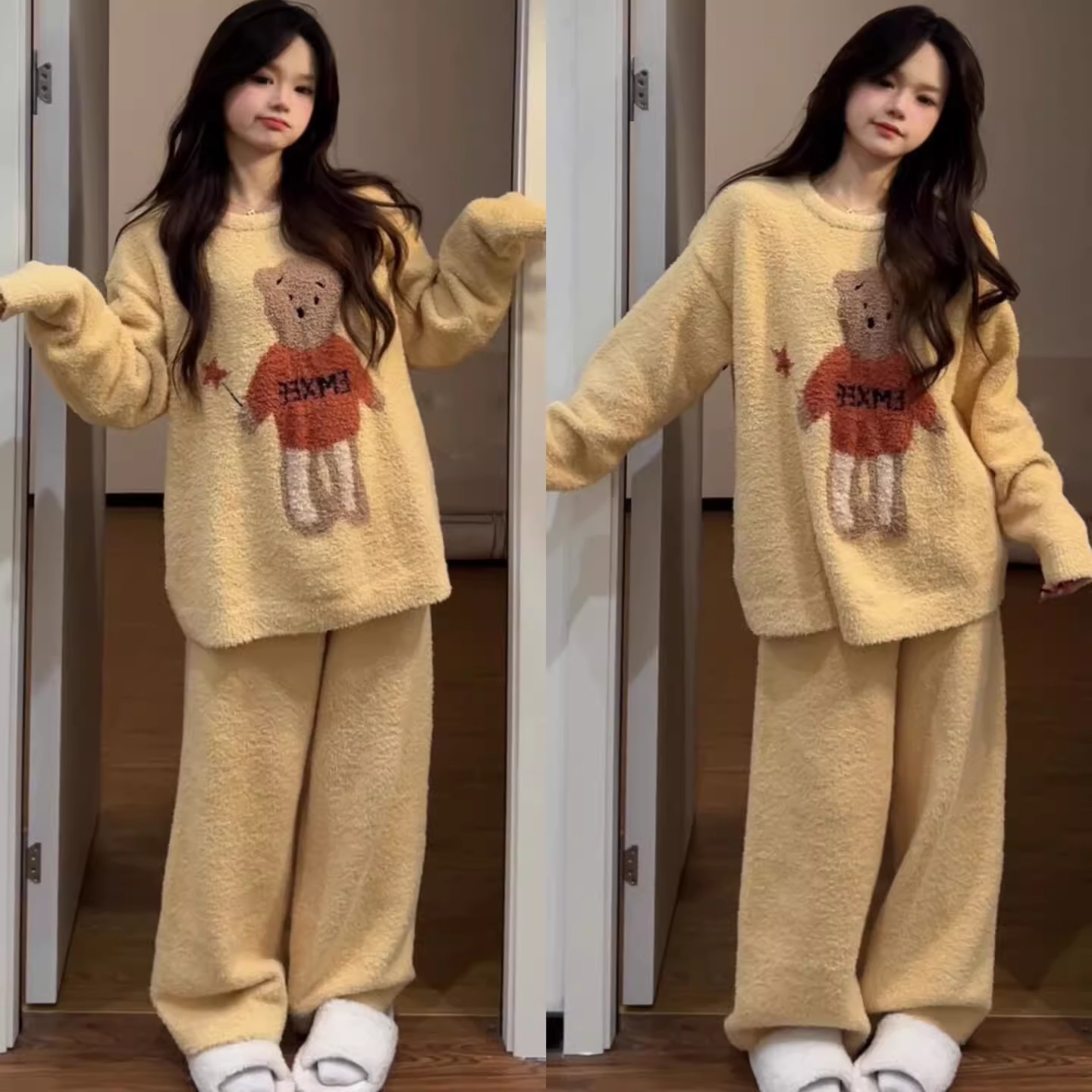 【直播专属】睡衣加厚女冬季可爱卡通小熊保暖半边绒少女家居服套装