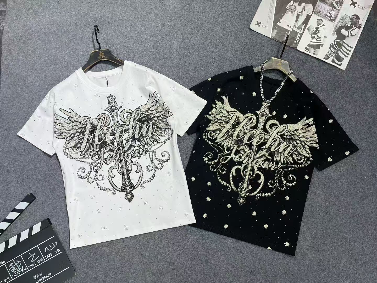 151烫钻翅膀短袖情侣时尚百搭T恤潮牌重工休闲圆领黑白红轻奢短袖
