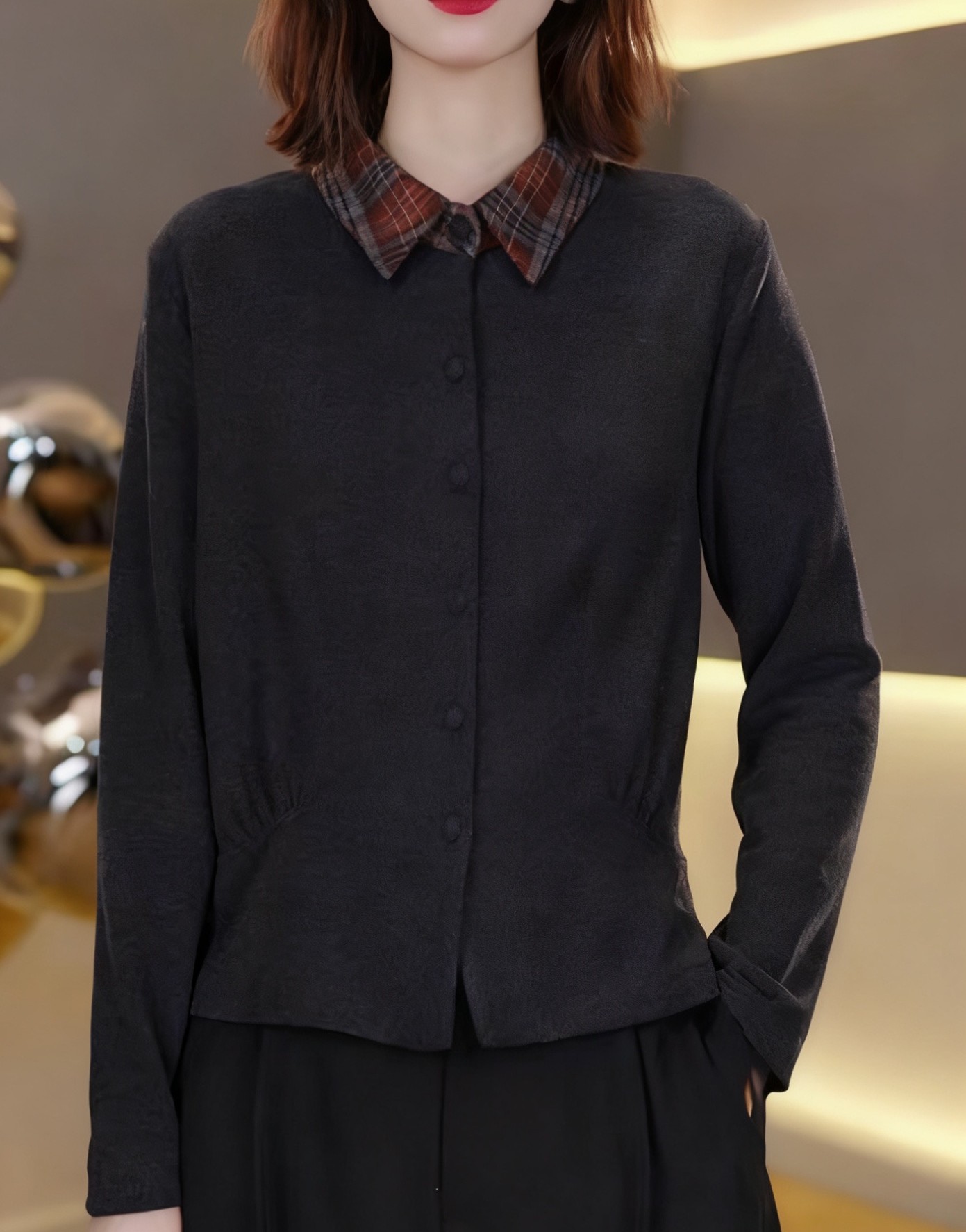 【现货】秋冬宽松拼接打底衫衬衫长袖休闲百搭复古时尚显瘦227