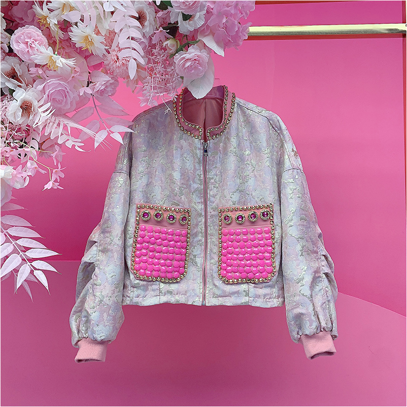 A4113欧美设计师2025冬季新款重工钉钻刺绣拼皮短款棒球服外套女