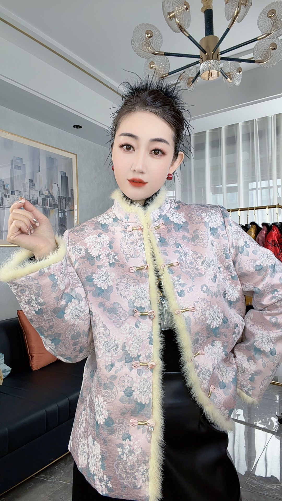 冬季保暖外套女90鸭绒桑蚕丝水貂毛新中式国风外套S029