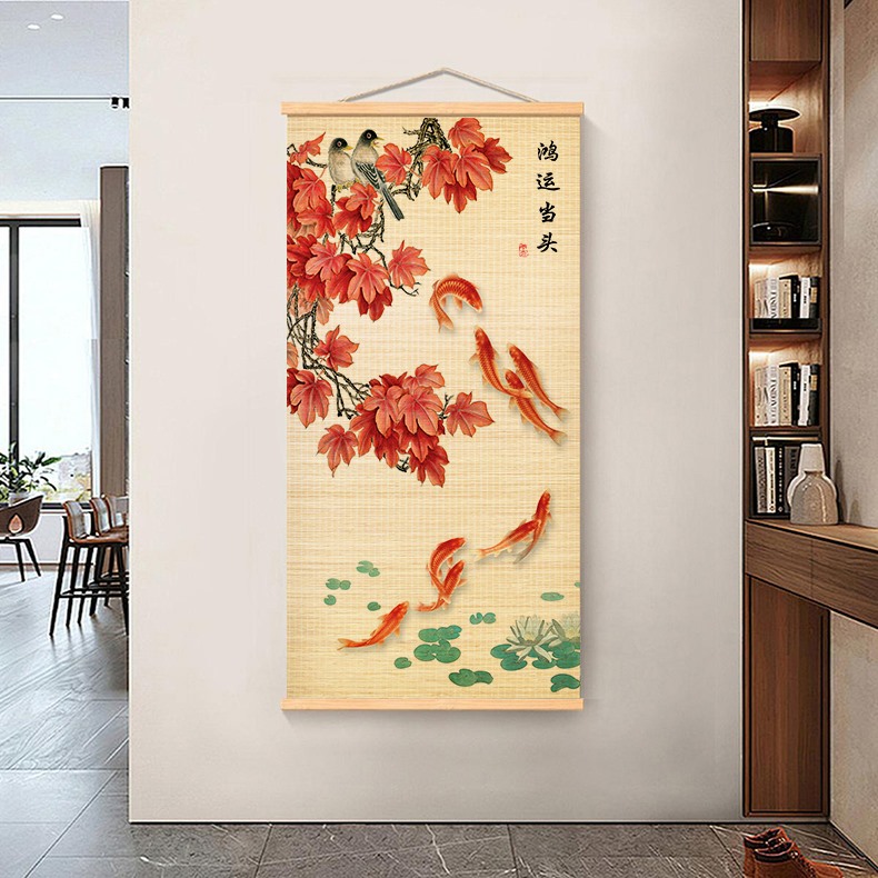 鸿运当头竹帘挂画客厅佛堂玄关茶室书房装饰壁画竹帘印花禅意隔断