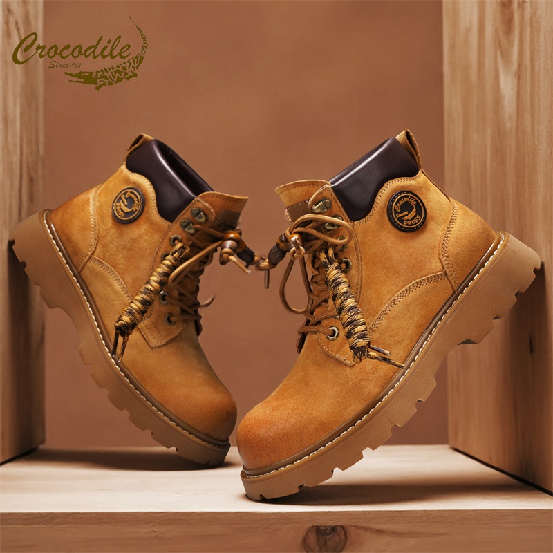 鳄鱼恤马丁靴男鞋冬季2025新款高帮加绒大黄靴子真皮中帮工装男靴