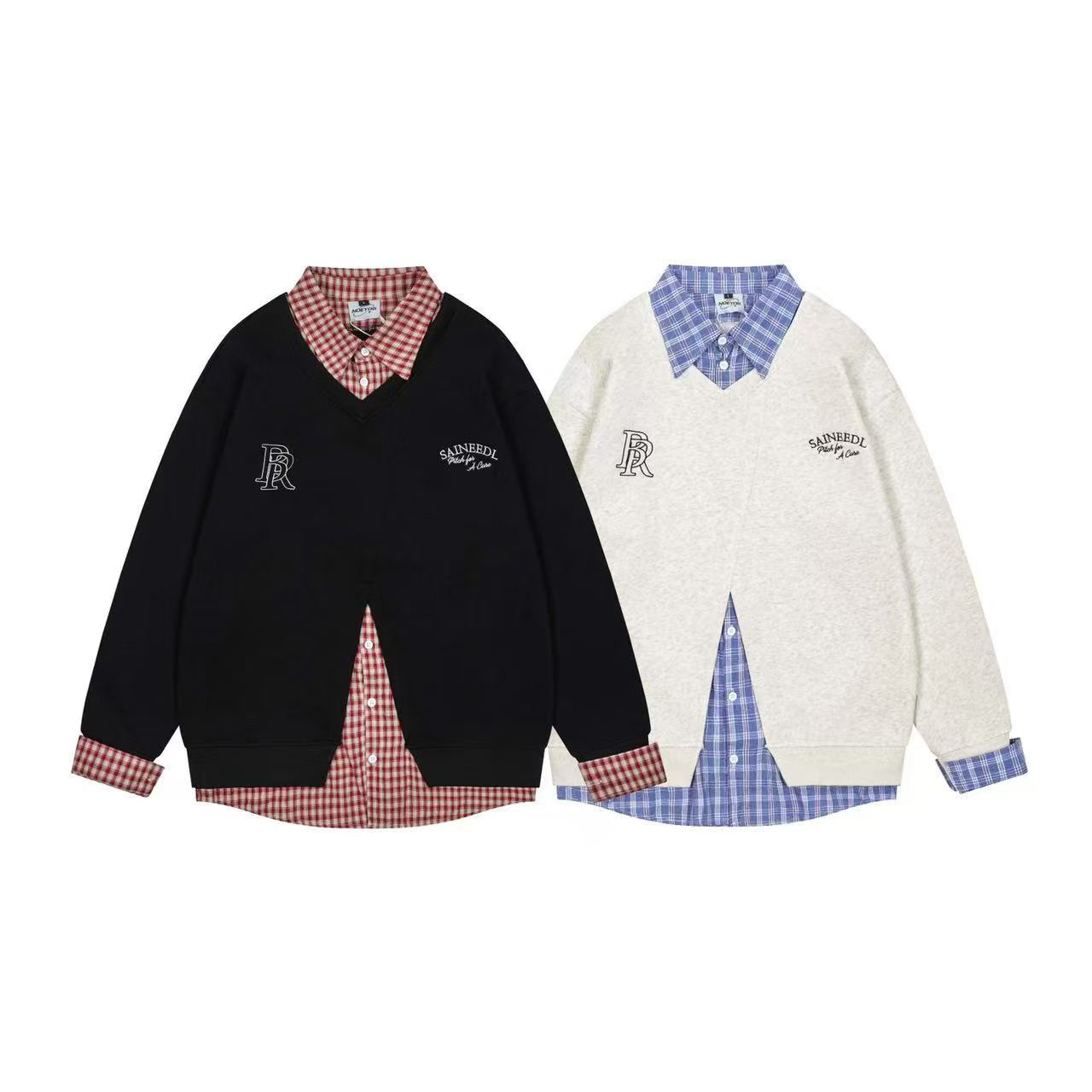 T771复古polo假两件格纹上衣