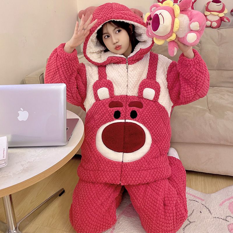 三层夹棉睡衣女春秋冬季2025年新款珊瑚绒加绒加厚可爱家居服套装