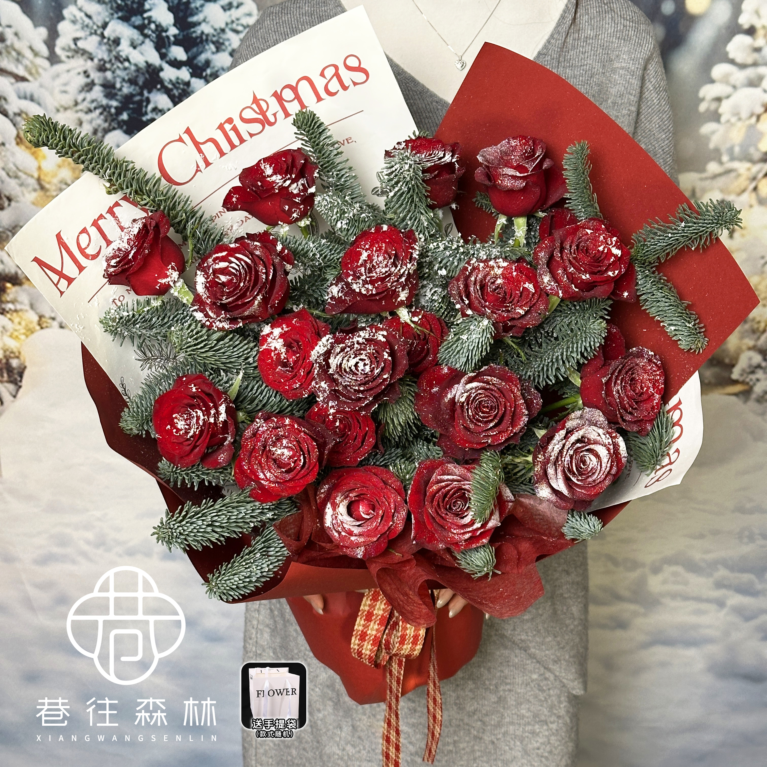 【圣诞拾光】19朵落雪红玫瑰圣诞高级感节日混搭鲜花花束小时达约会纪念日送女友男友闺蜜同城鲜花店配送上门