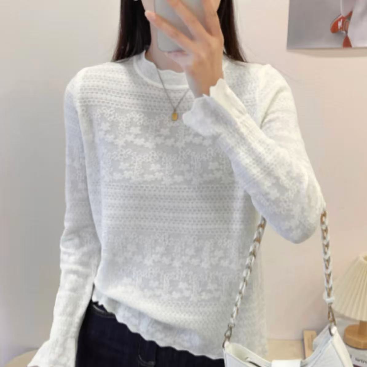 冬季打底衫波浪领小花新款针织纯色洋气内搭百搭时尚毛衣长袖宽松
