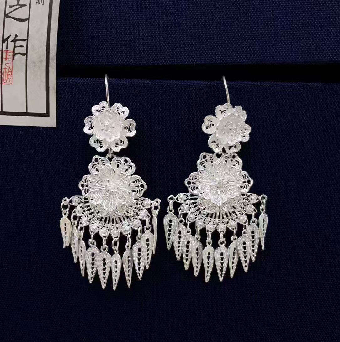 足银耳饰 民族风花丝工艺牡丹花流苏耳环重工银制品..