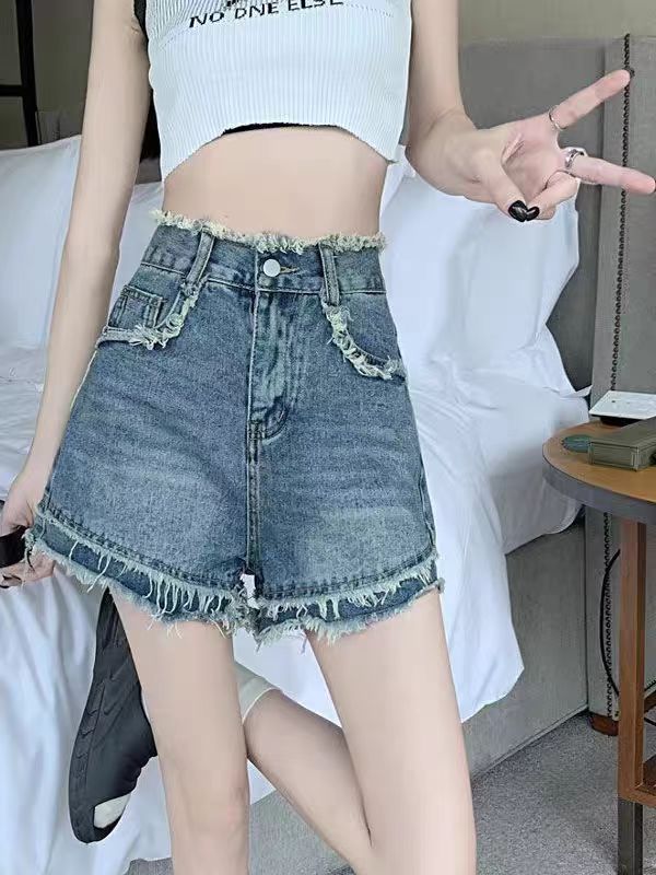 897#辣妹高腰牛仔短裤女夏季显瘦宽松a字毛边阔腿热裤（约40）