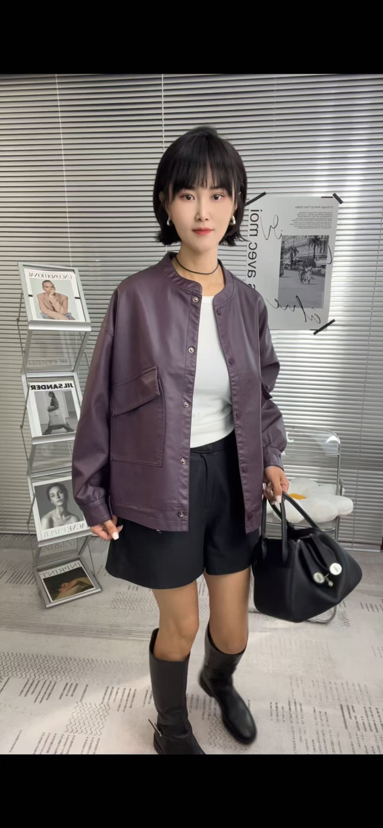胖mm新款百搭洋气插肩袖宽松型立领圆领法式皮衣秋季女士女装韩版