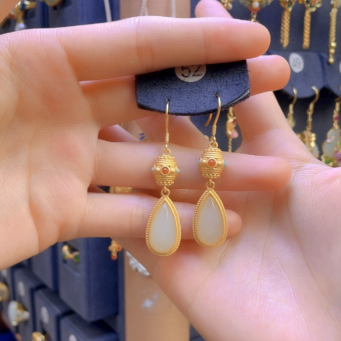 和田玉耳饰银S925镀金镶嵌