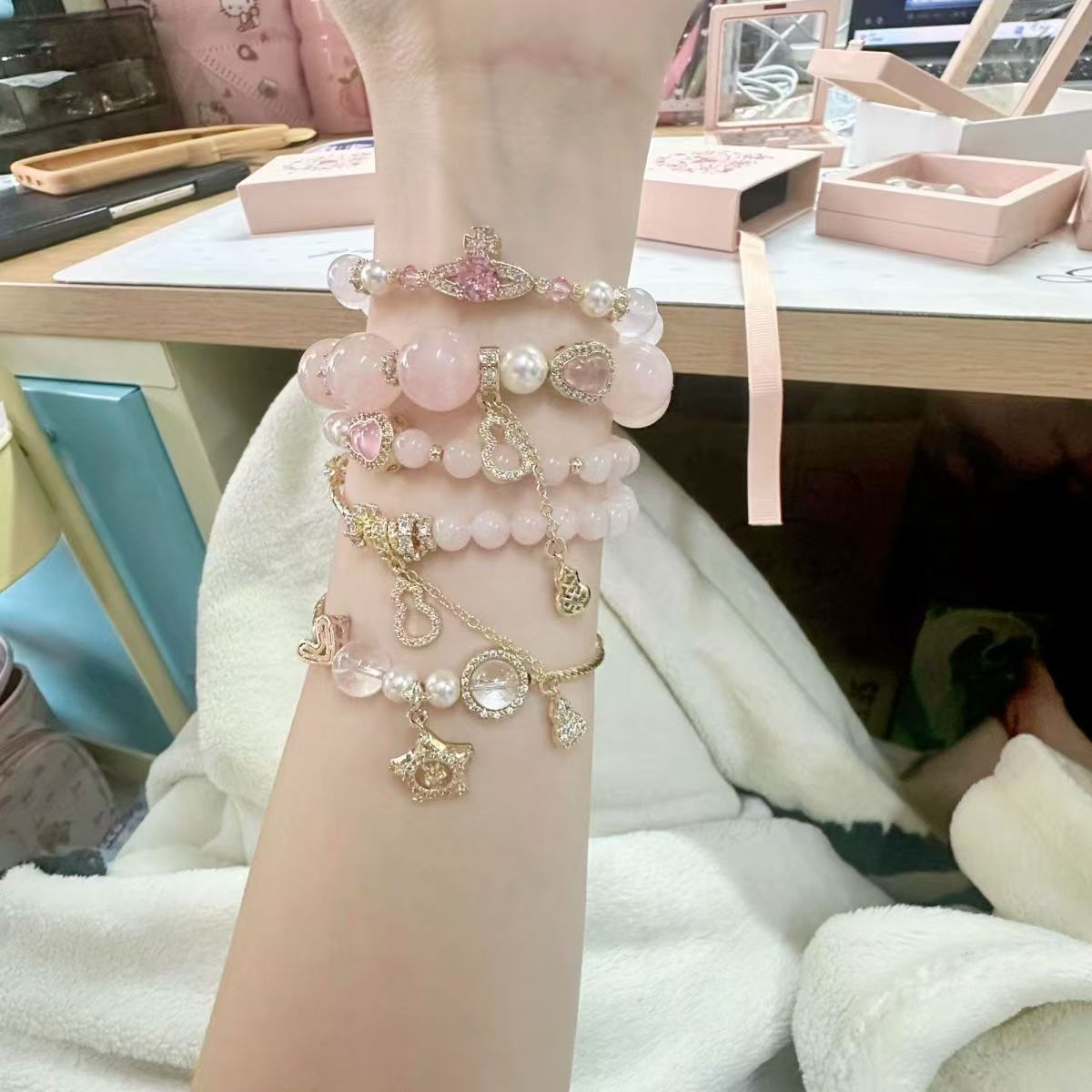 合金手链 金粉世家粉色串珠手链小众甜美显富贵送礼叠戴百搭手串