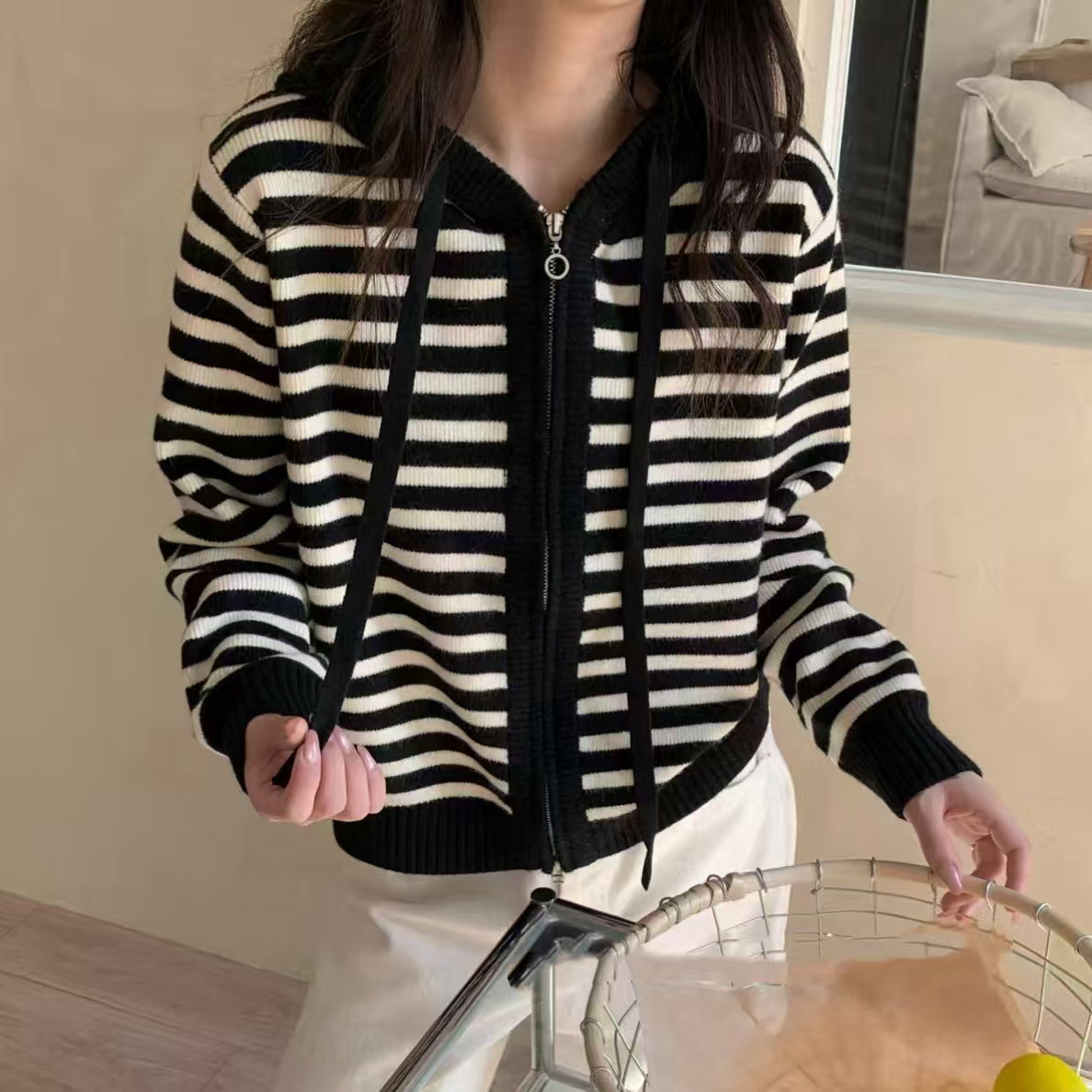 欧货～羊绒混纺，连帽横条长袖针织毛衣，均码，百搭，宽松