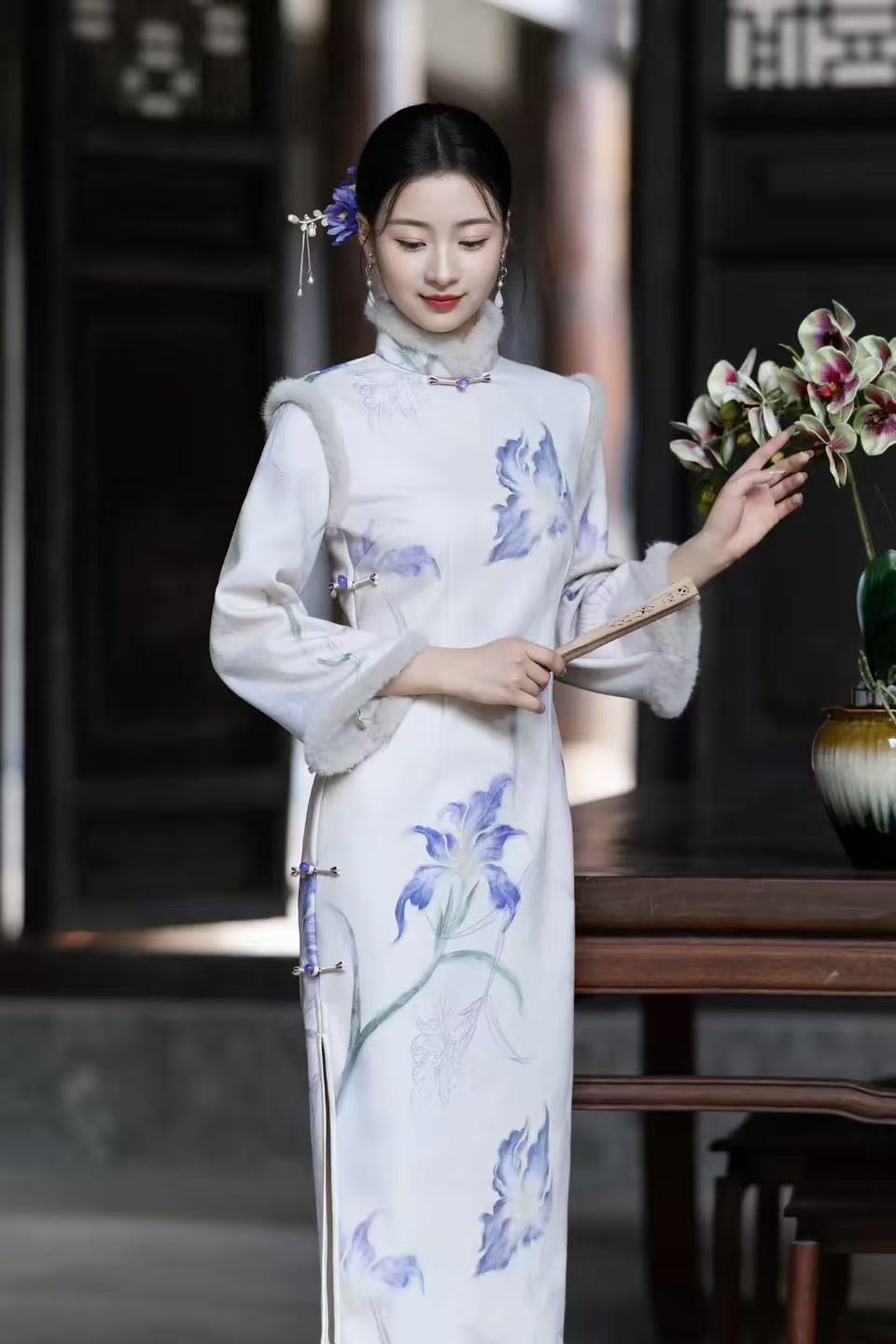 1551 浅色 【紫花色】 缠结扣 拼接 旗袍