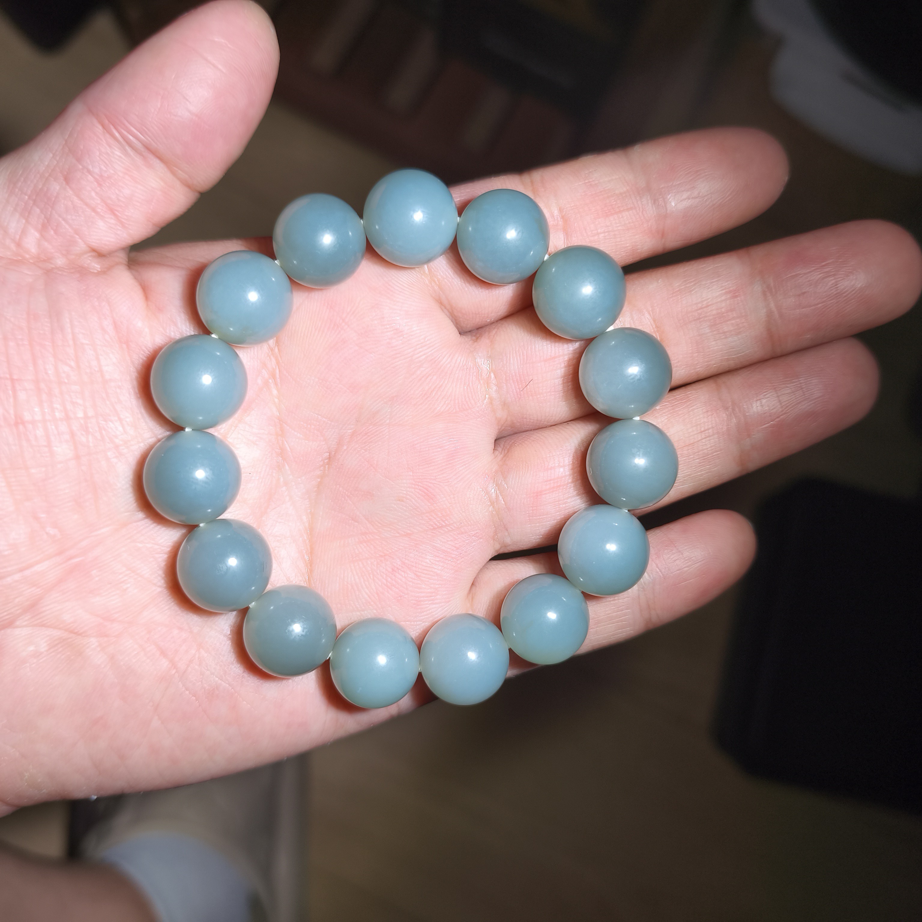 新疆和田玉且末天空蓝手串卡14圆珠