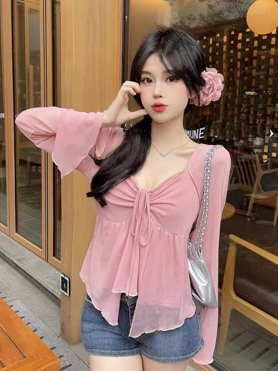 淼淼家性感可爱风微胖大码法式v领网纱夏季薄款长袖带上衣