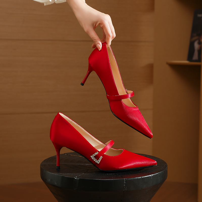 法式高跟鞋女细跟2025年春季新款百搭尖头红色玛丽珍浅口结婚单鞋
