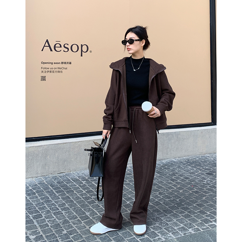 阿一 磨毛加绒卫衣套装女秋冬连帽外套加厚运动阔腿裤两件套