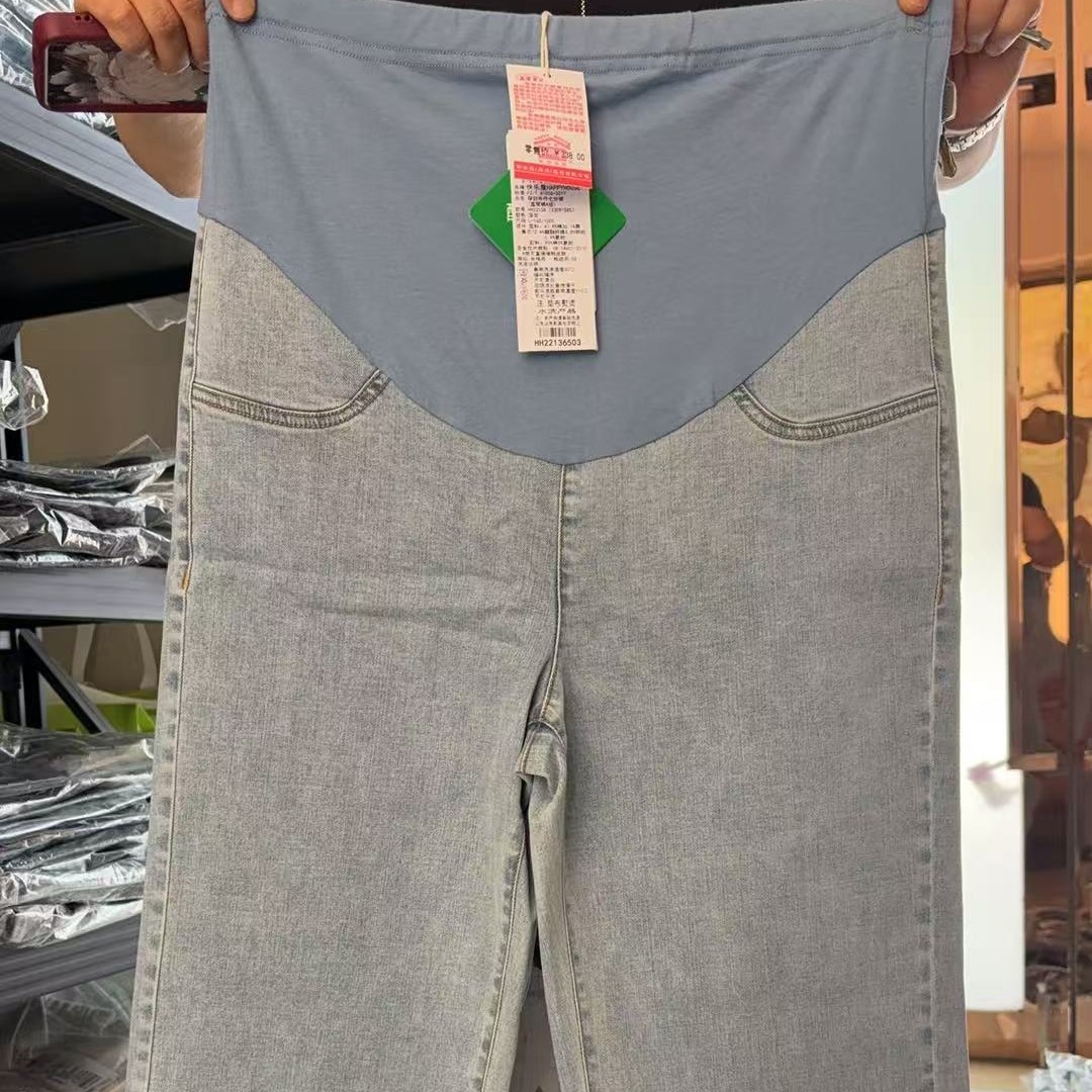 25夏薄孕妇裤醋酸牛仔七分裤高腰直筒高弹舒适中裤宽松HH22136