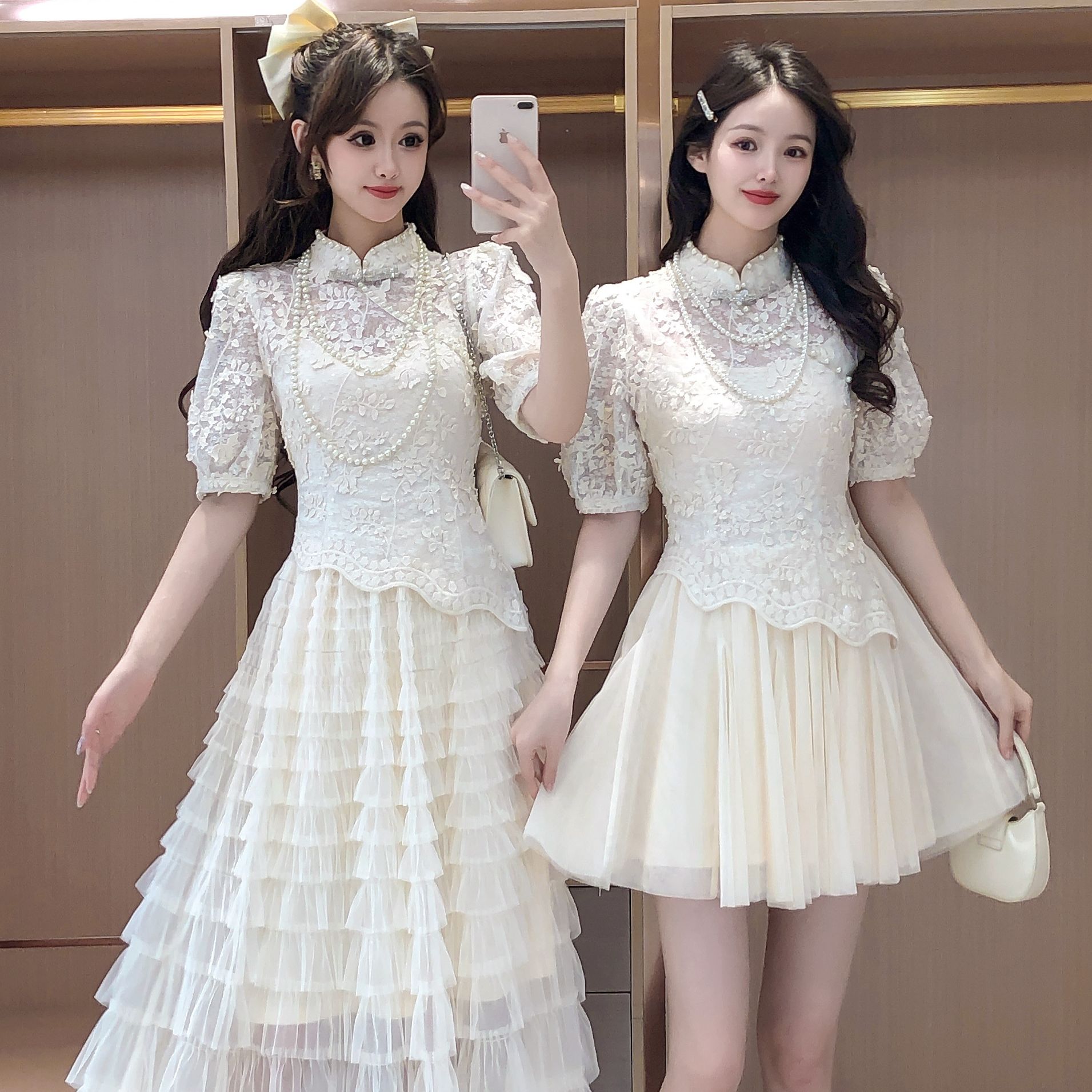 艾日秀夏季新中式千金清冷贵系蕾丝镂空上衣网纱吊带裙套装F0254