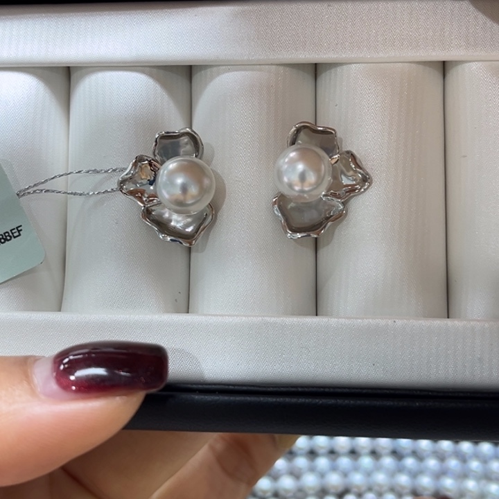 海水珍珠耳饰银S925镶嵌9-10mm