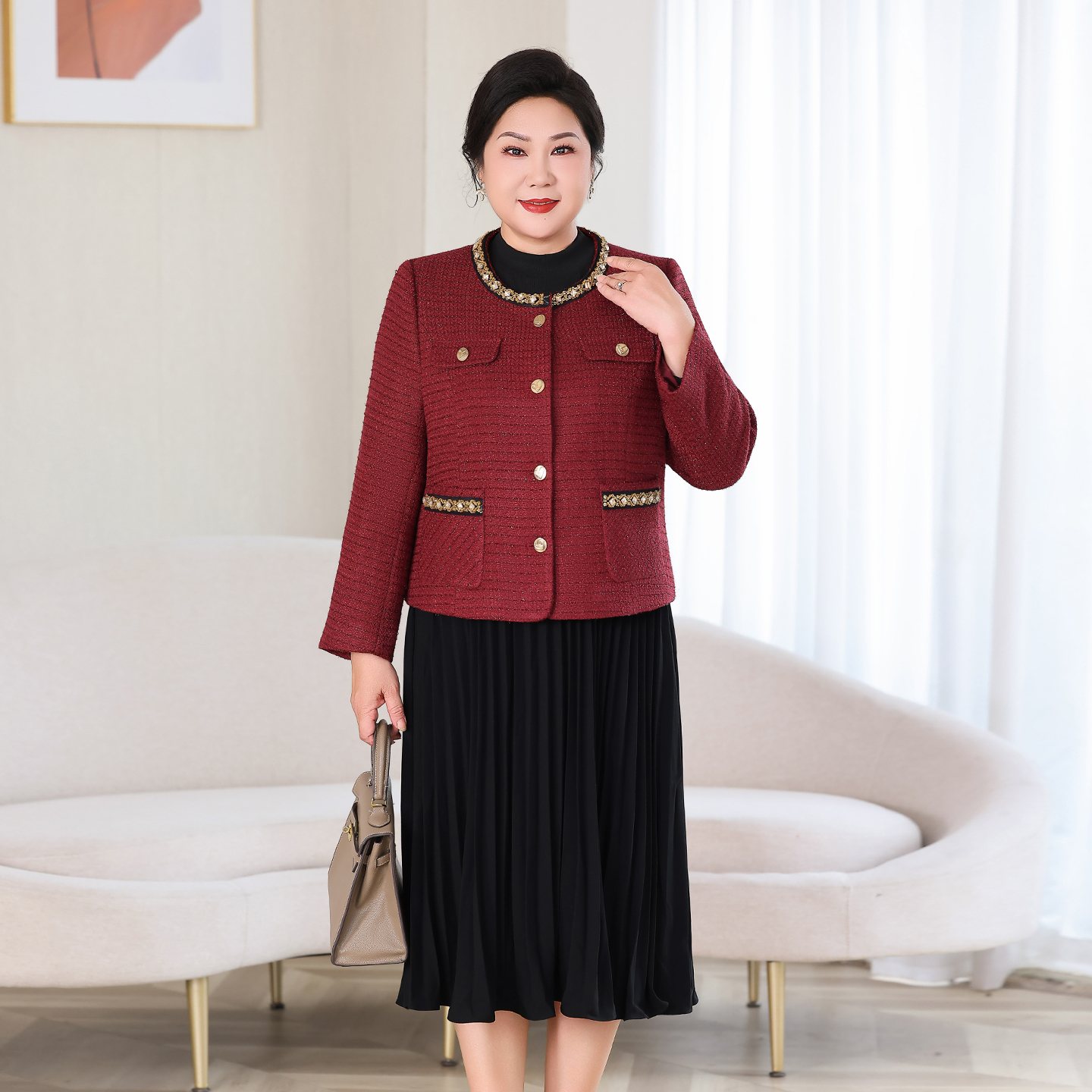 2025新款妈妈小香风外套秋季大码阔太太上衣中年女打底裙子一整套