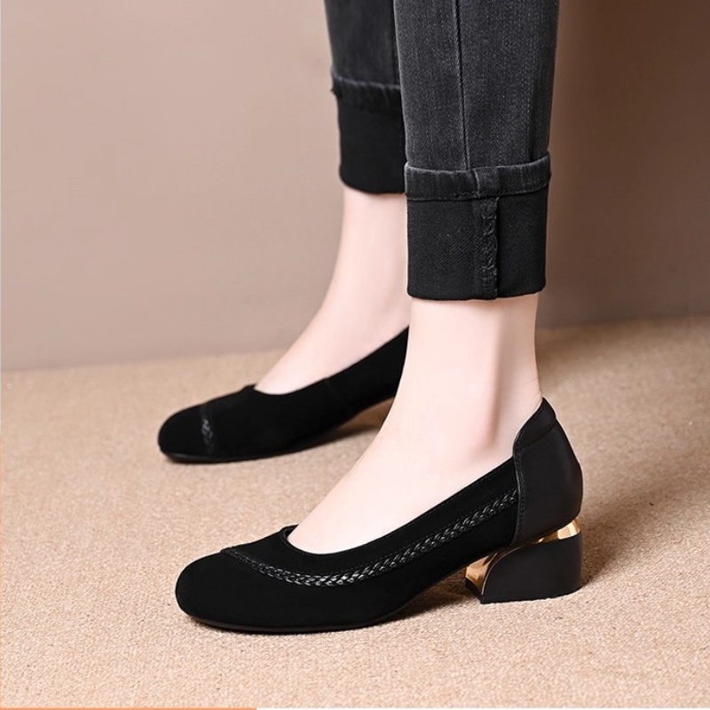羊皮磨砂圆头头浅口低跟单鞋女2025春秋季新款编织低跟平底鞋