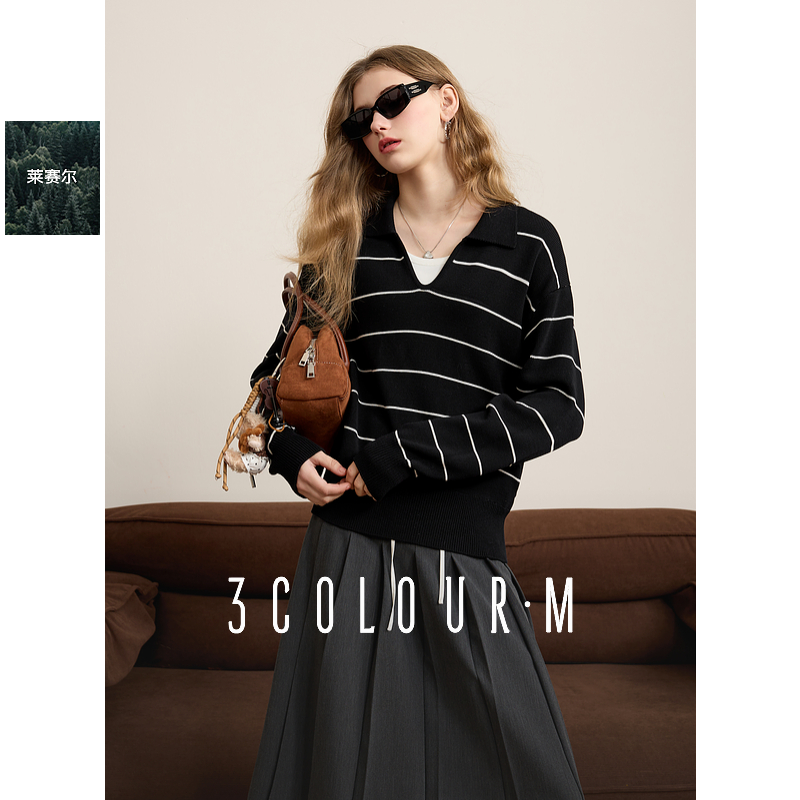 【小北专属】三彩2025春季新款条纹针织衫POLO领毛衫套dbx