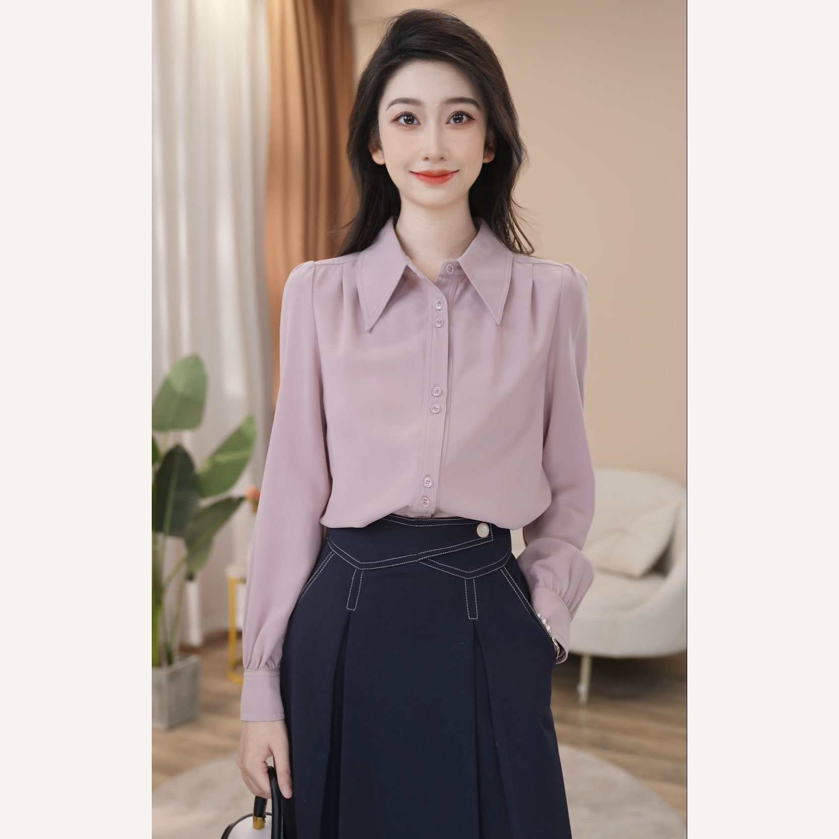 【曼贝】设计款长袖衬衫女百搭显瘦气质风通勤衬衣8293102【甜甜】