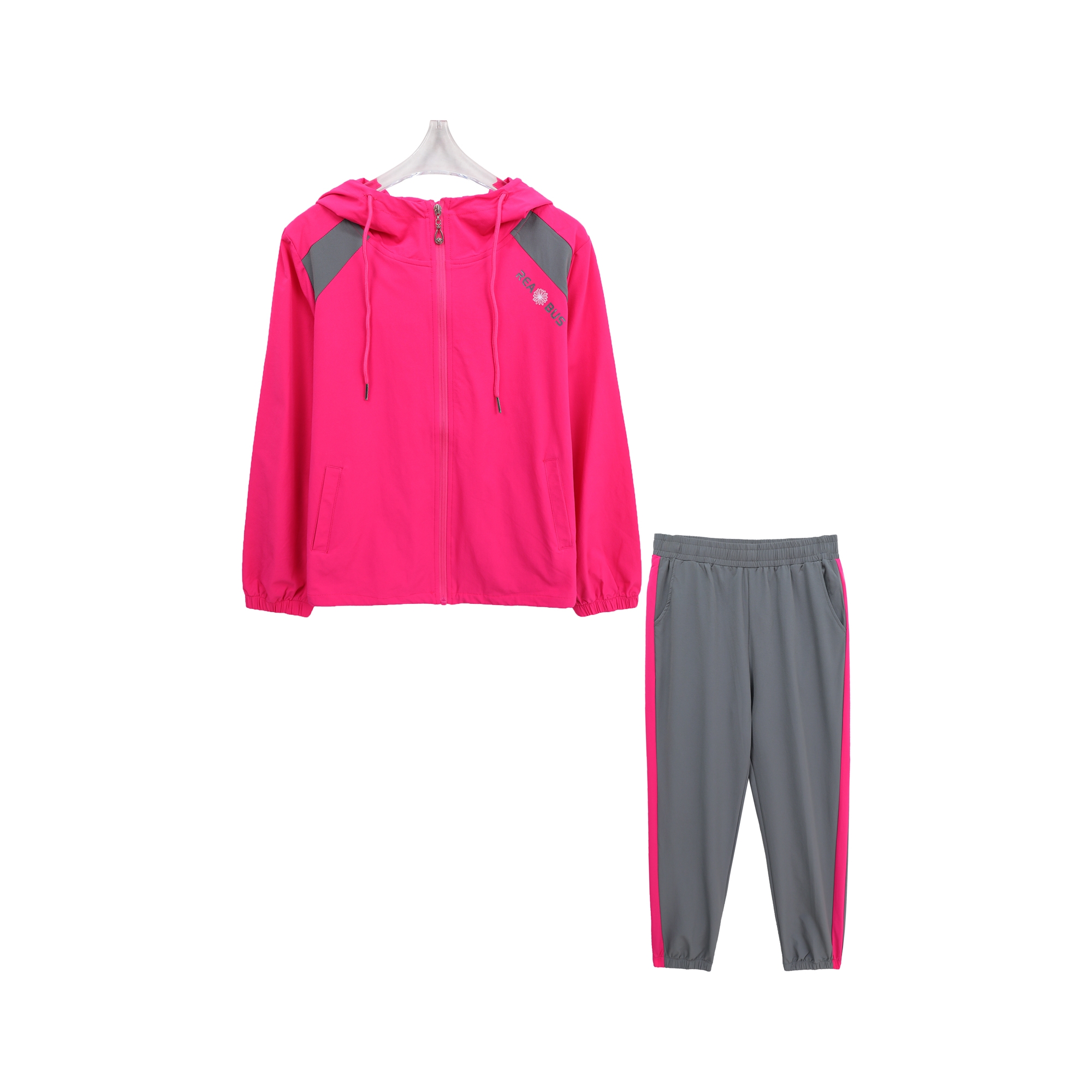 连帽撞色拉链上衣百搭条纹休闲裤套装C14031