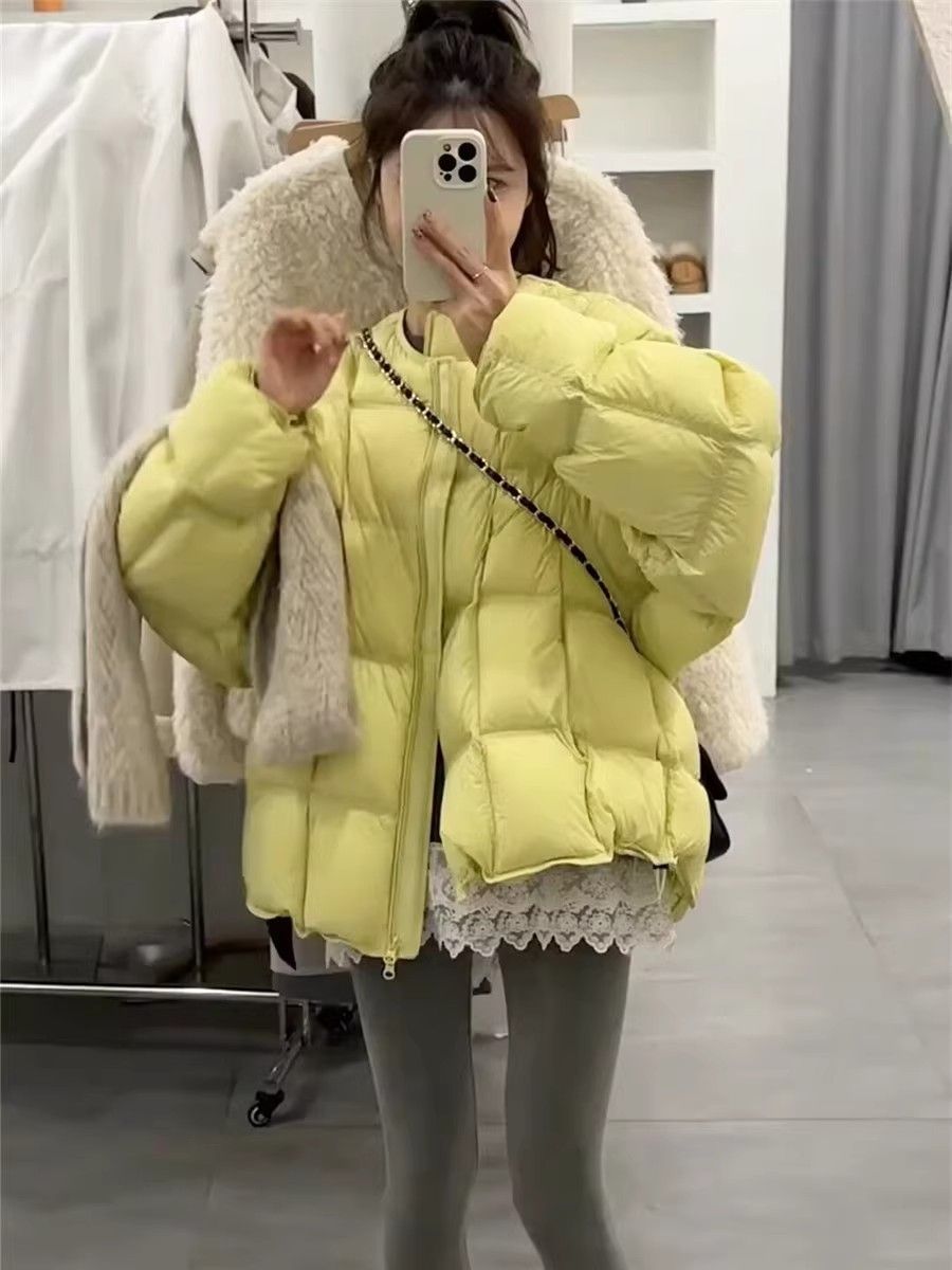 新款时尚百搭宽松棉服韩系黄色圆领加厚面包服外套女