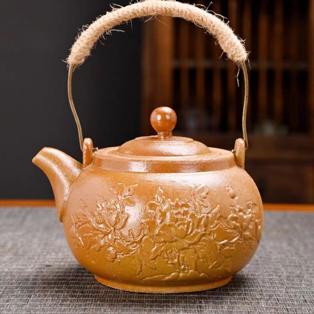 龙窑茶器  粗陶牡丹提梁壶  2104  （直播）