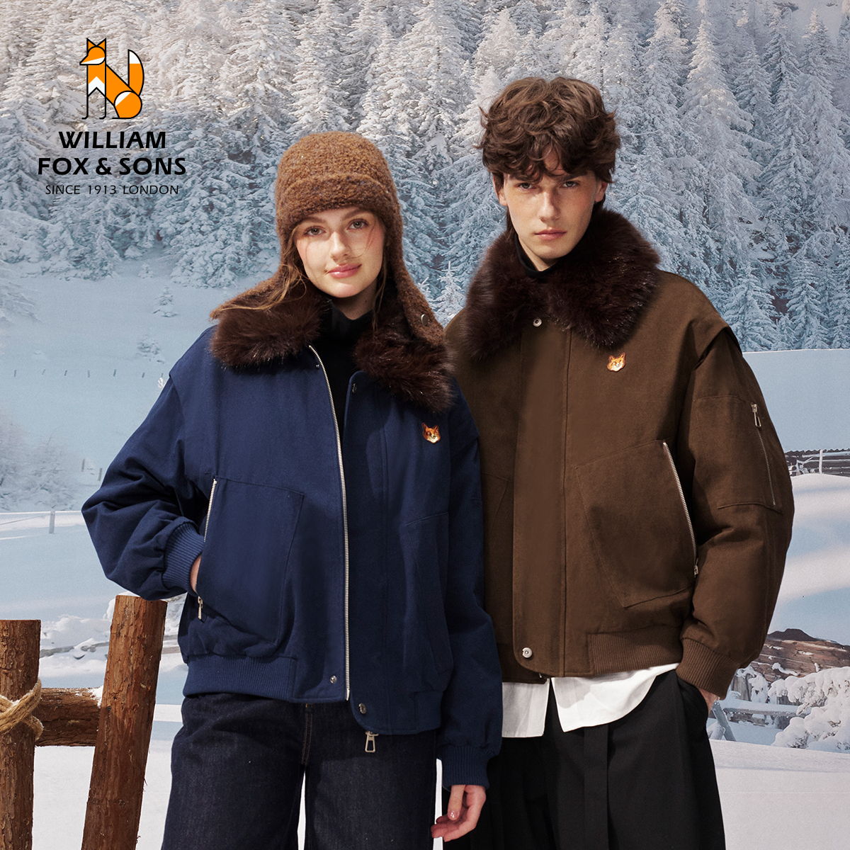 英国小狐狸25冬季复古斜纹阔型座山雕可拆卸毛领保暖夹克羽绒服