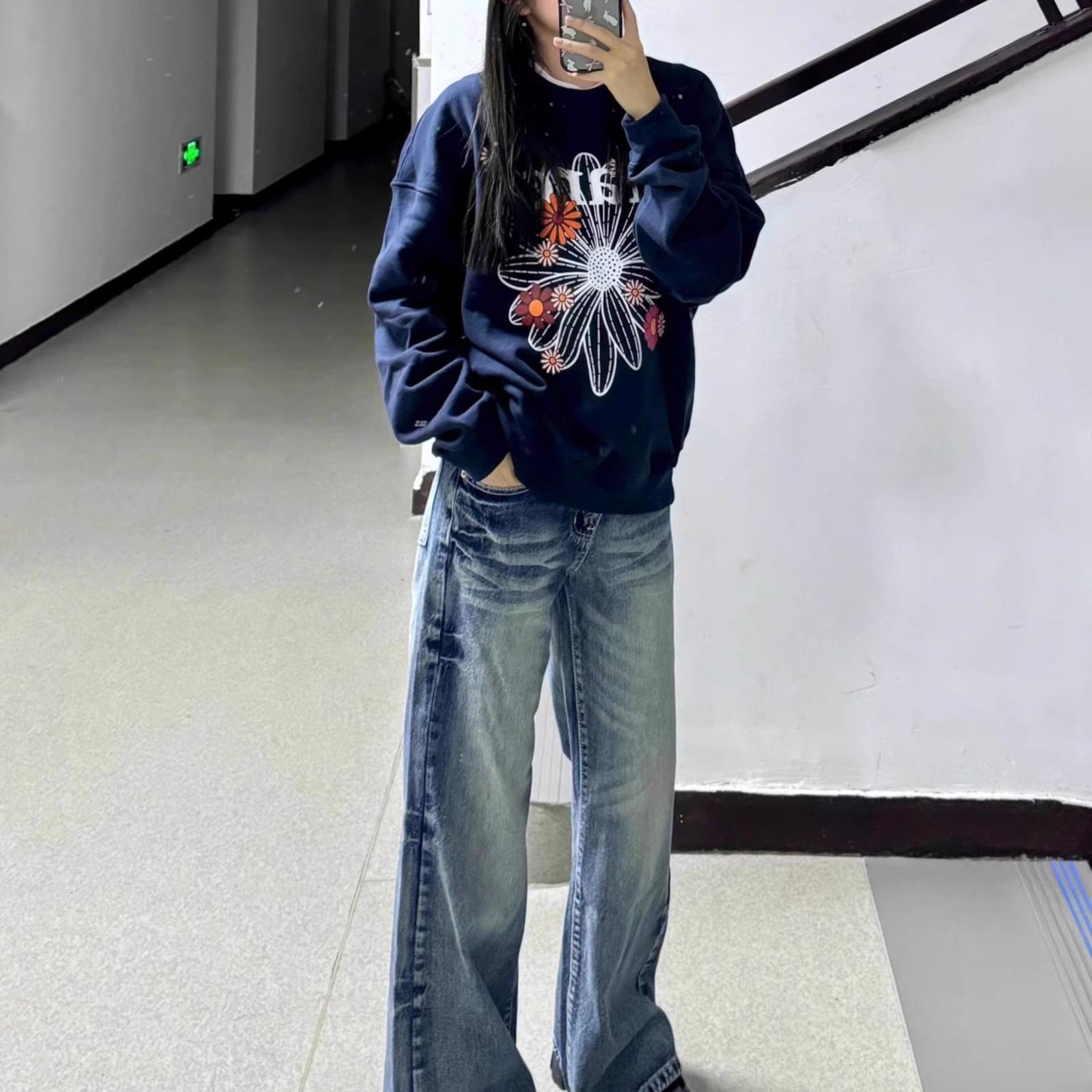 高个子加长版复古直筒微喇牛仔裤女秋冬低腰宽松不贴腿拖地喇叭裤