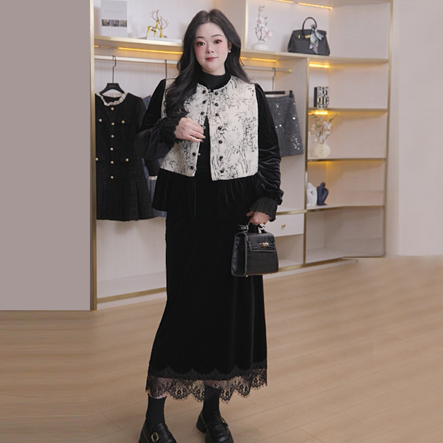 奢姿大码女装2025冬季胖妹妹时尚水墨纹设计马甲气质半身裙两件套