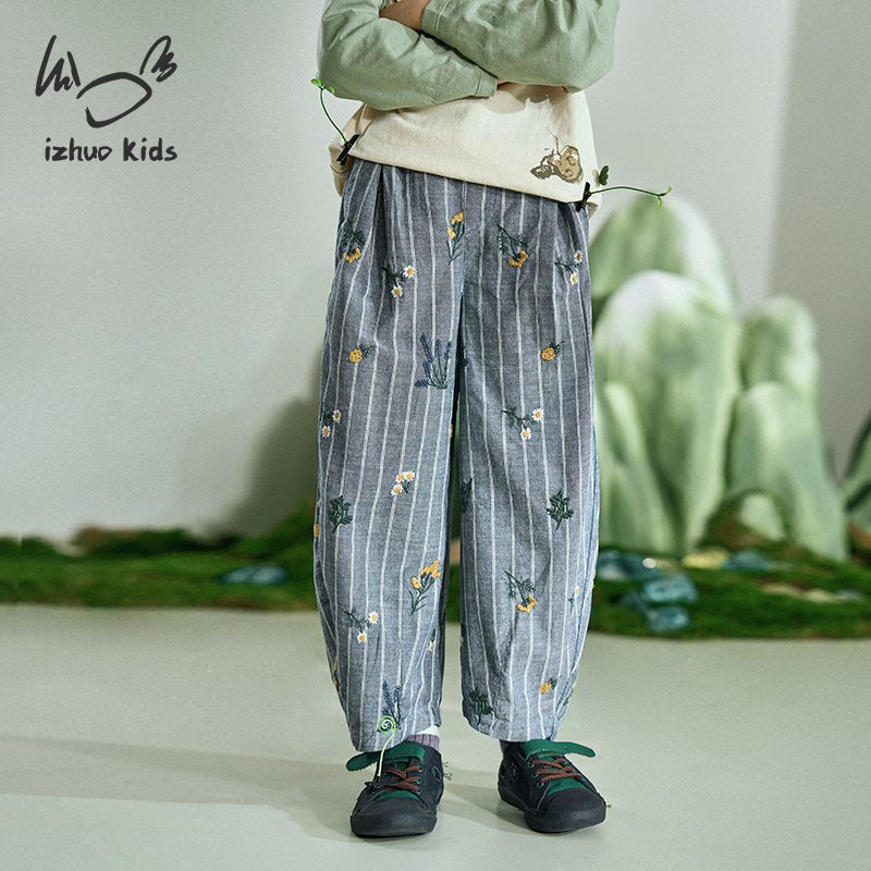 日着KIDS践仔兽棉麻仿牛仔绣花锥形裤2026春季新款童装撞色阔腿裤