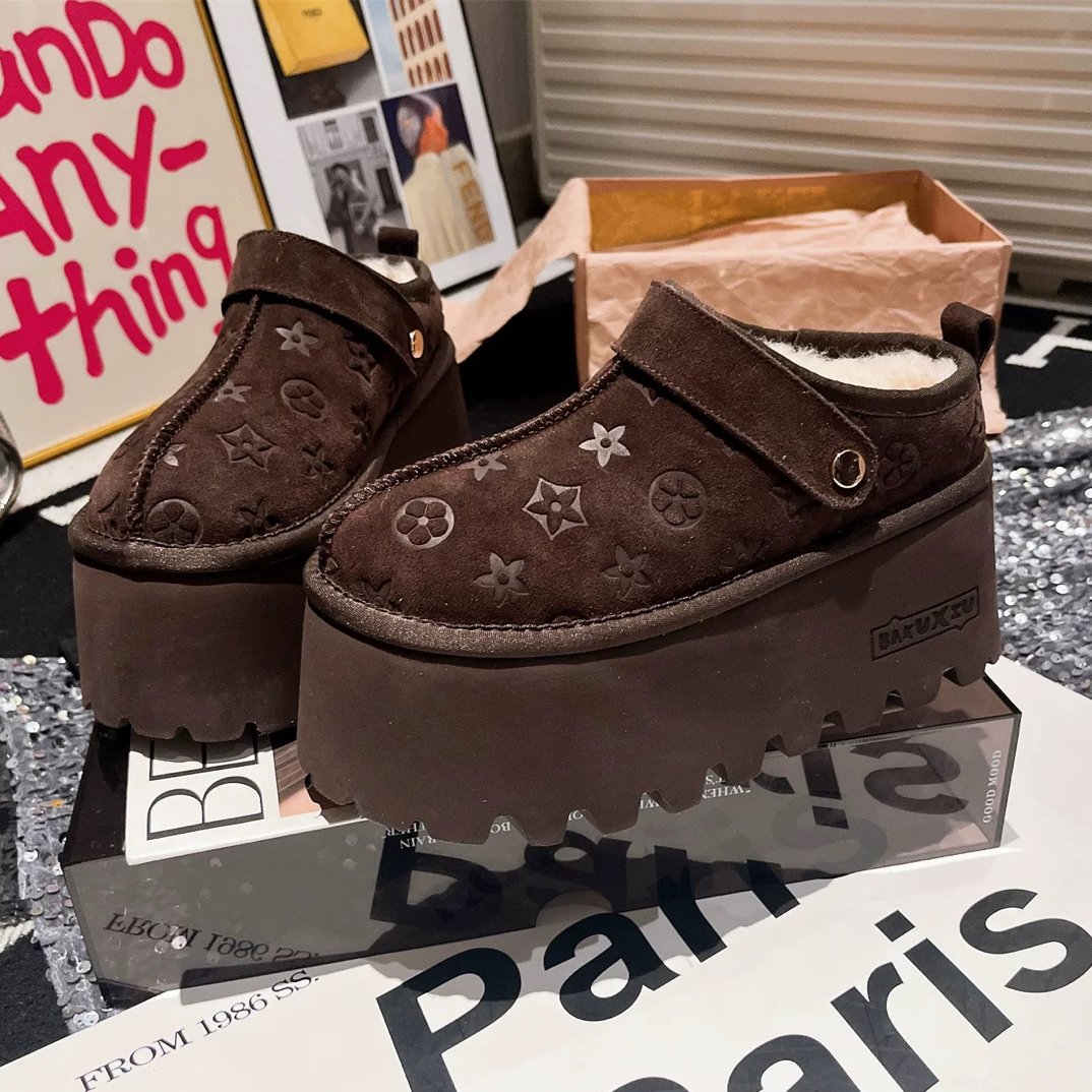 厚底增高加绒勃肯鞋女英伦风小个子外穿休闲百搭包头半拖鞋冬季