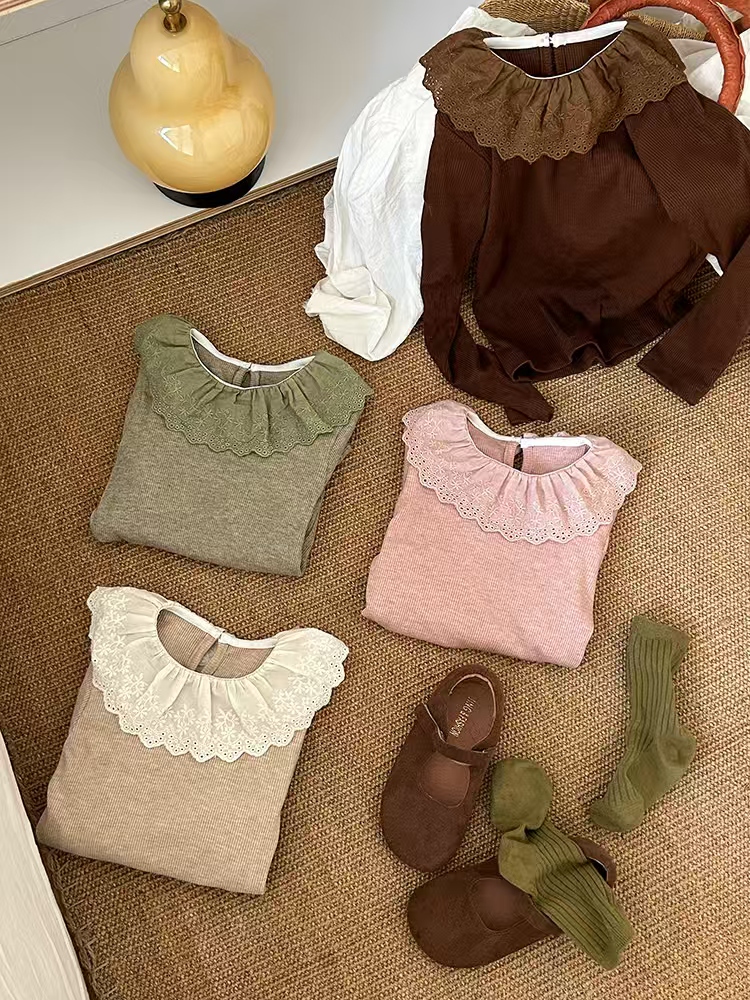 兮兮2025春季新款女童上衣弹力打底衫花边领中小童装洋气舒适透气