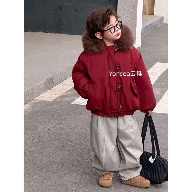 Yonsea云稚男女童加绒加厚棉服冬季外套男孩夹棉拜年大毛领派克服