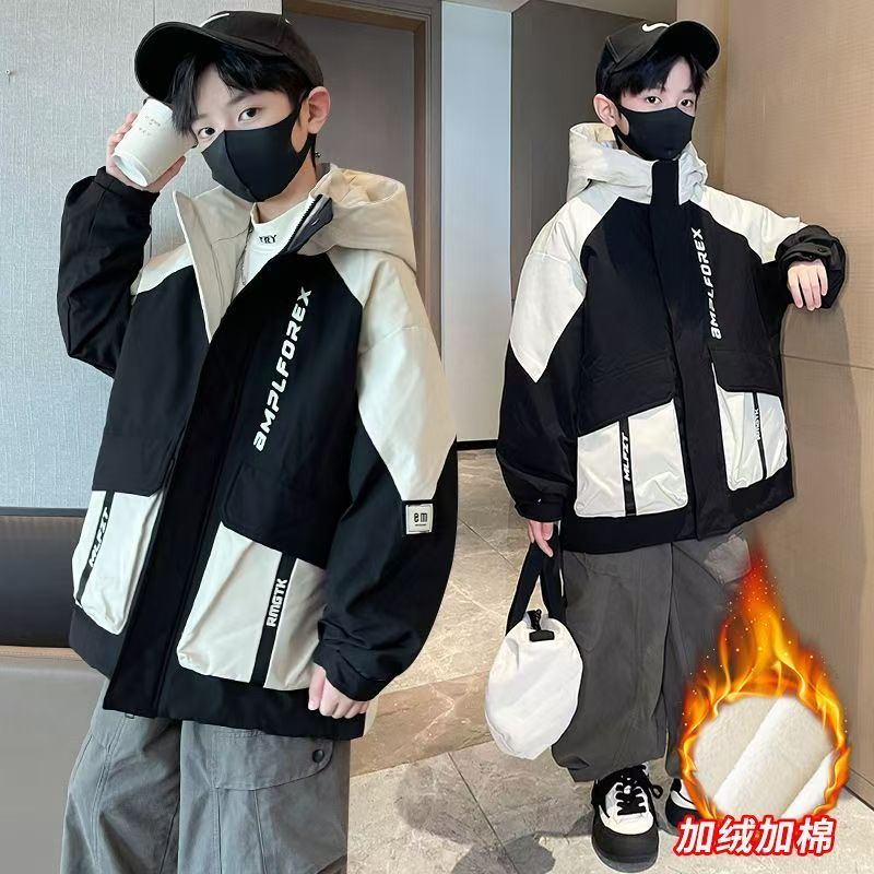 F00966男童秋冬季加绒加厚棉衣外套派克服棉袄中大儿童男孩冲锋衣