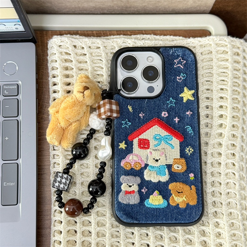 黑边刺绣牛仔房屋狗狗+挂绳适用16promax手机壳iPhone17苹果15/14