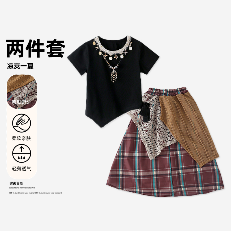 【满天星专属】新款儿童复古文艺风短袖格子半身裙两件套套装HCB369