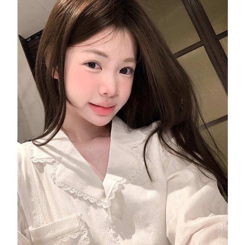 ins简约翻领爱心蕾丝边刺绣睡衣女春秋季新款长袖休闲家居服套装